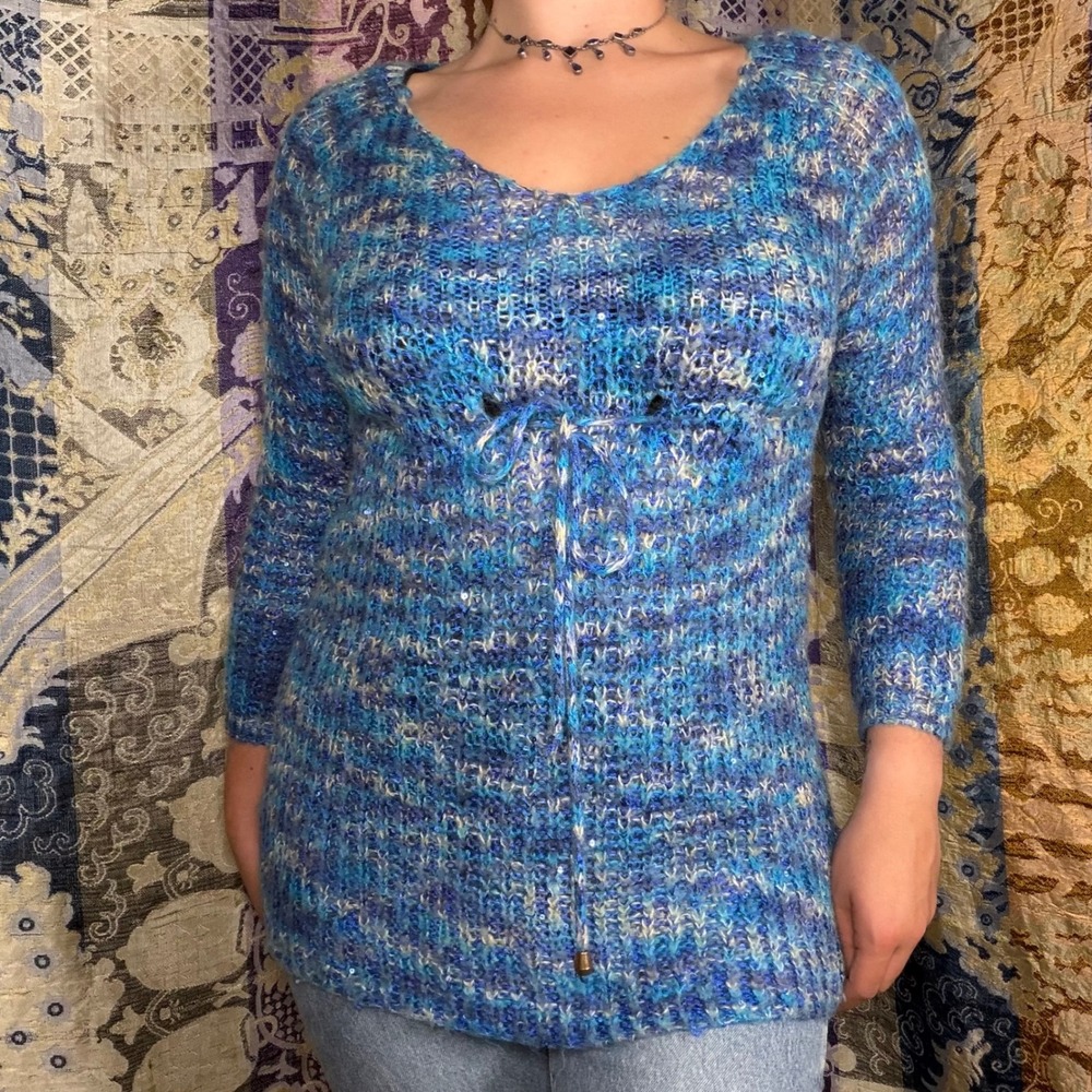 Y2K Blue Sequin Fairy Grunge Knit Babydoll Tie Waist Sweater Size S-M